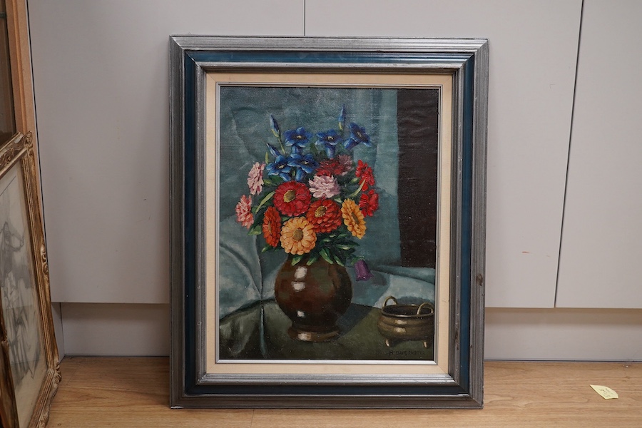 A decorative oil on board, Still life of flowers in a vase and Chinese censer, signed, 49 x 39cm. Condition - good